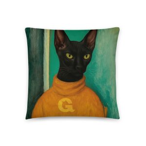 Turtleneck Cat Pillow – Green Black Cat Throw Pillow for Stylish Lounging