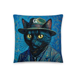 Van Gogh Cat Pillow – Artistic Blue Black Cat Throw Pillow