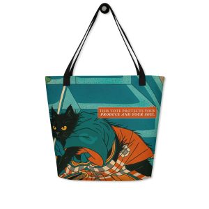 Samurai Cat Tote Bag – Funny Large Tote with Pocket for Cat Lovers