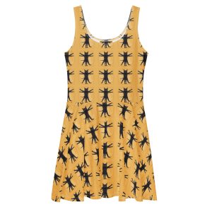 Vitruvian Cat Skater Dress – Funny Yellow Cat Dress with Pockets
