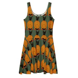 Turtleneck Cat Skater Dress – Green Cat Print Dress with Attitude