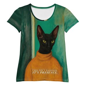 Presence Cat Women’s Tee – Bold All-Over Print Black Cat Shirt