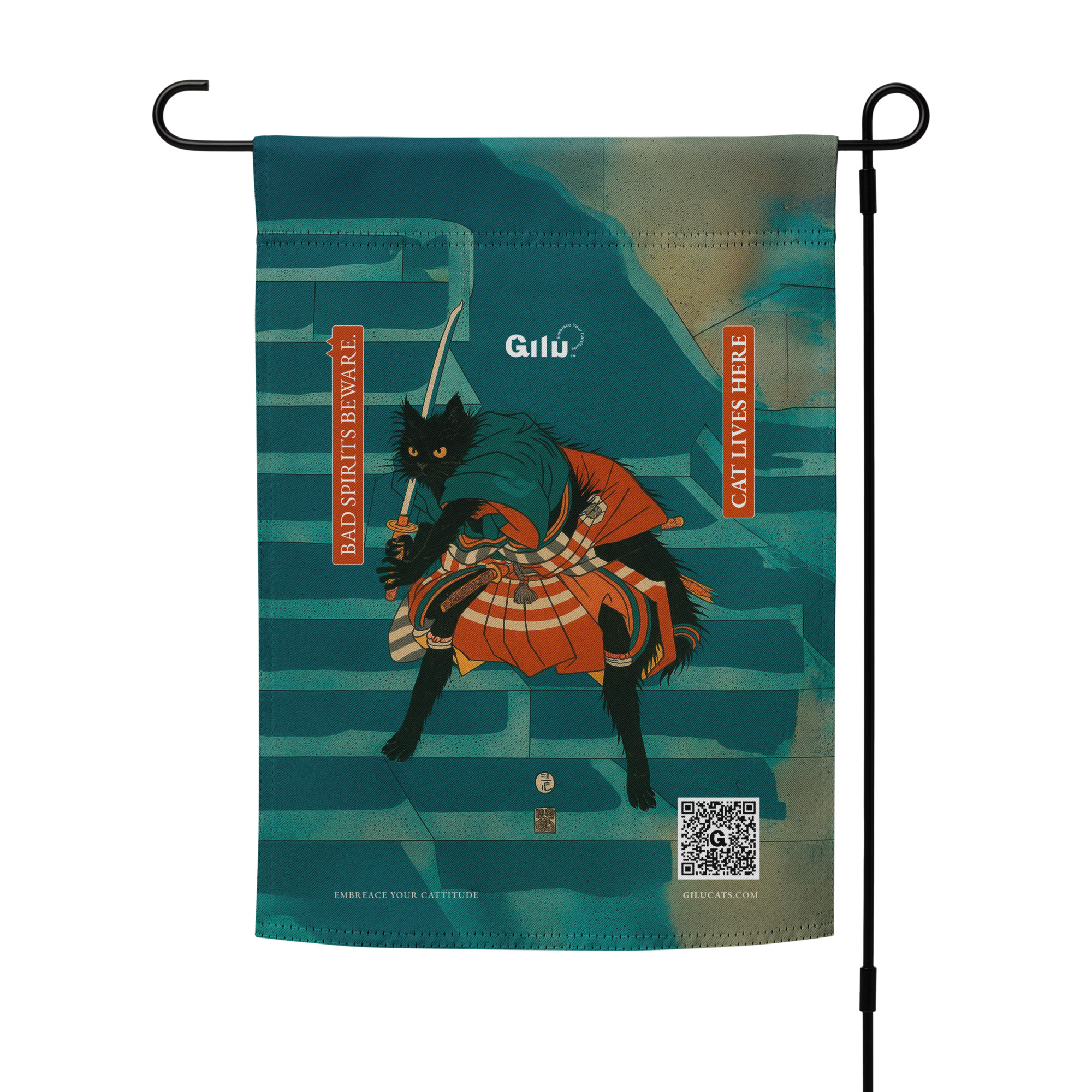 Samurai Cat Garden Flag – TNVR Awareness Flag with QR Code