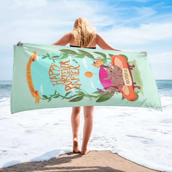 Happy Purrever After Cat Rescue Towel – Mint Green Beach Throw - Image 2