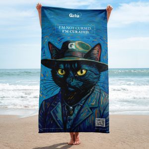 Van Gogh Cat Towel – Artistic Rescue Support Towel with QR Code