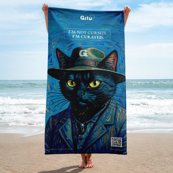 Van Gogh Cat Towel – Artistic Rescue Support Towel with QR Code