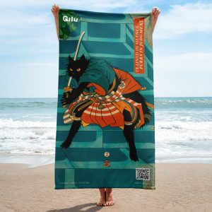 Samurai Cat Towel – Warrior Black Cat Towel with TNVR QR Link