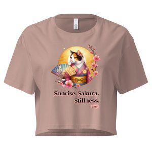 Japanese Cat Crop Top – Sunrise Sakura Stillness Tee for Cat Lovers