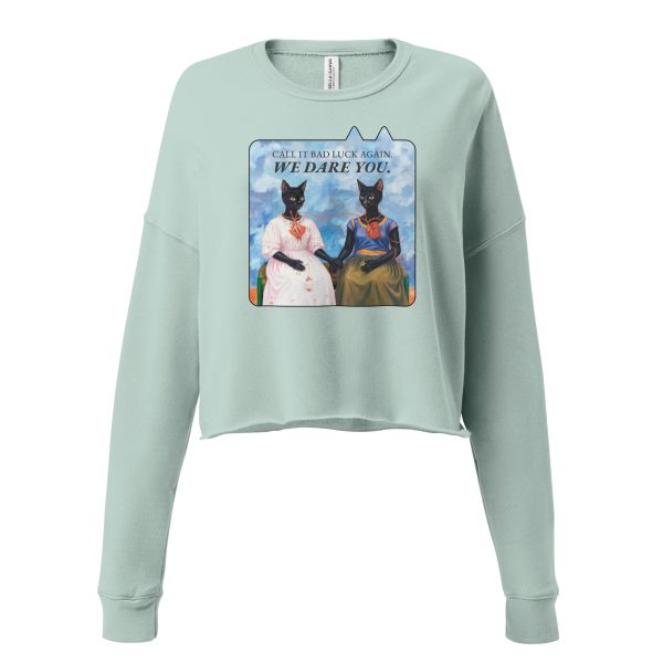 "We Dare You” Cropped Sweatshirt – Black Cat Surrealist Art - Image 3