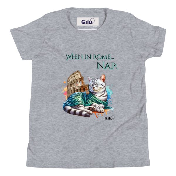 When in Rome... Nap – Funny Roman Cat Youth Tee - Image 3