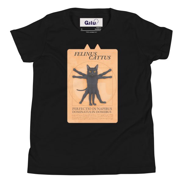 Vitruvian Cat Youth Tee – Funny Black Cat T-Shirt for Kids - Image 2