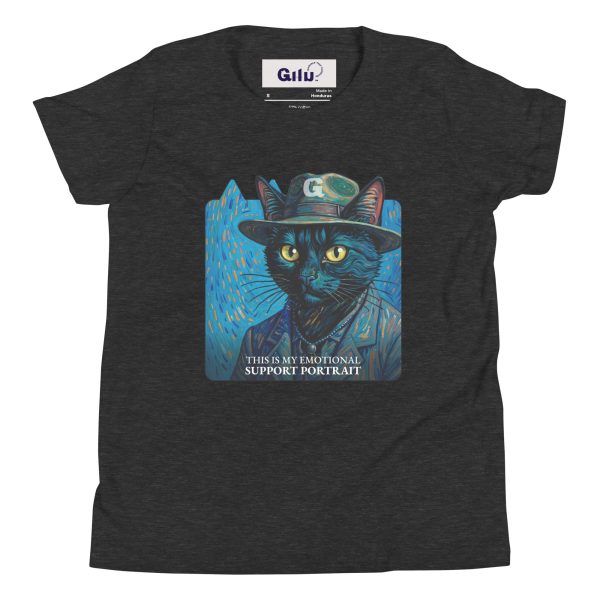 Support Cat Youth Tee – Funny Van Gogh Style Shirt for Kids - Image 3