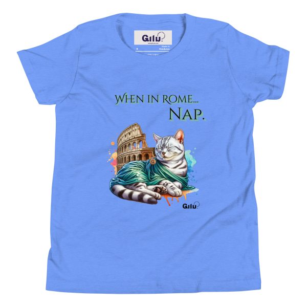 When in Rome... Nap – Funny Roman Cat Youth Tee - Image 2