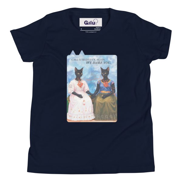 Dare You Youth Tee – Frida Style Black Cat Shirt for Kids - Image 2