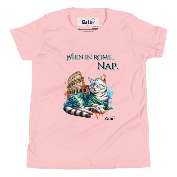 When in Rome... Nap – Funny Roman Cat Youth Tee - Image 4