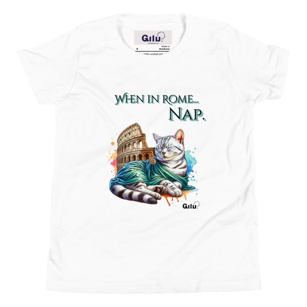 When in Rome... Nap – Funny Roman Cat Youth Tee - Image 5