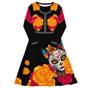 Día de los Muertos Cat Midi Dress – Long Sleeve