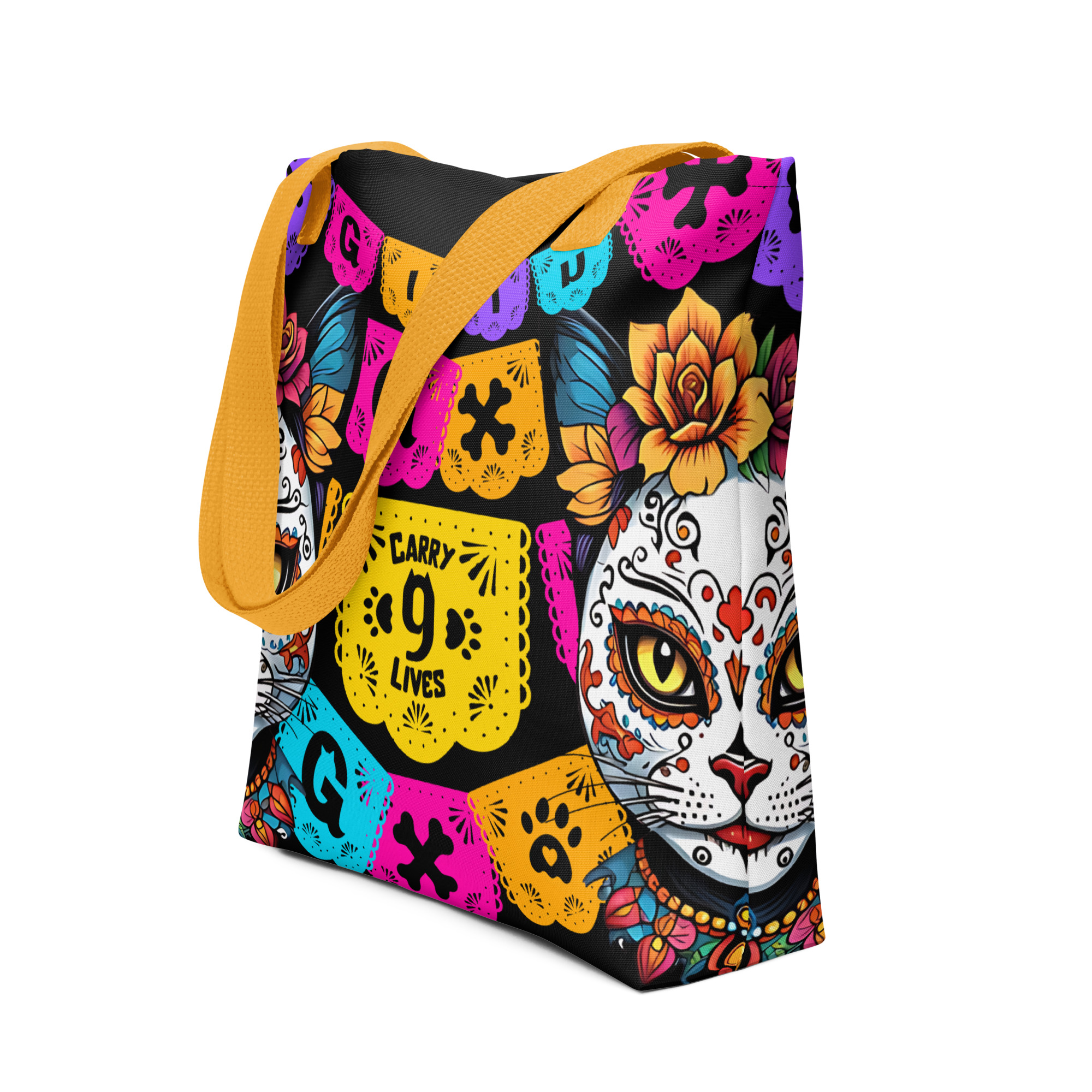 Carry 9 Lives Cat Tote Bag – Día de los Muertos All-Over Print - Image 2