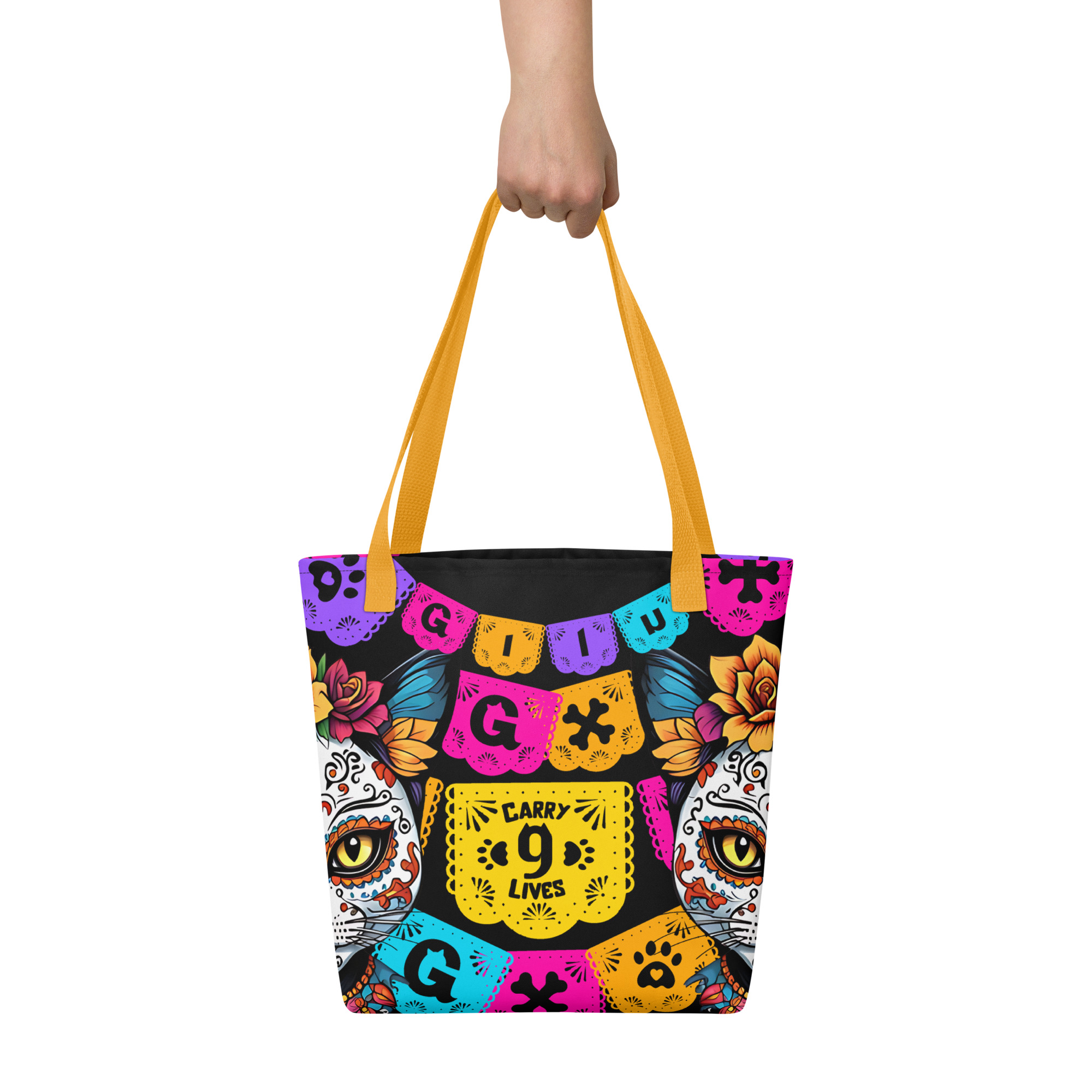 Carry 9 Lives Cat Tote Bag – Día de los Muertos All-Over Print - Image 5