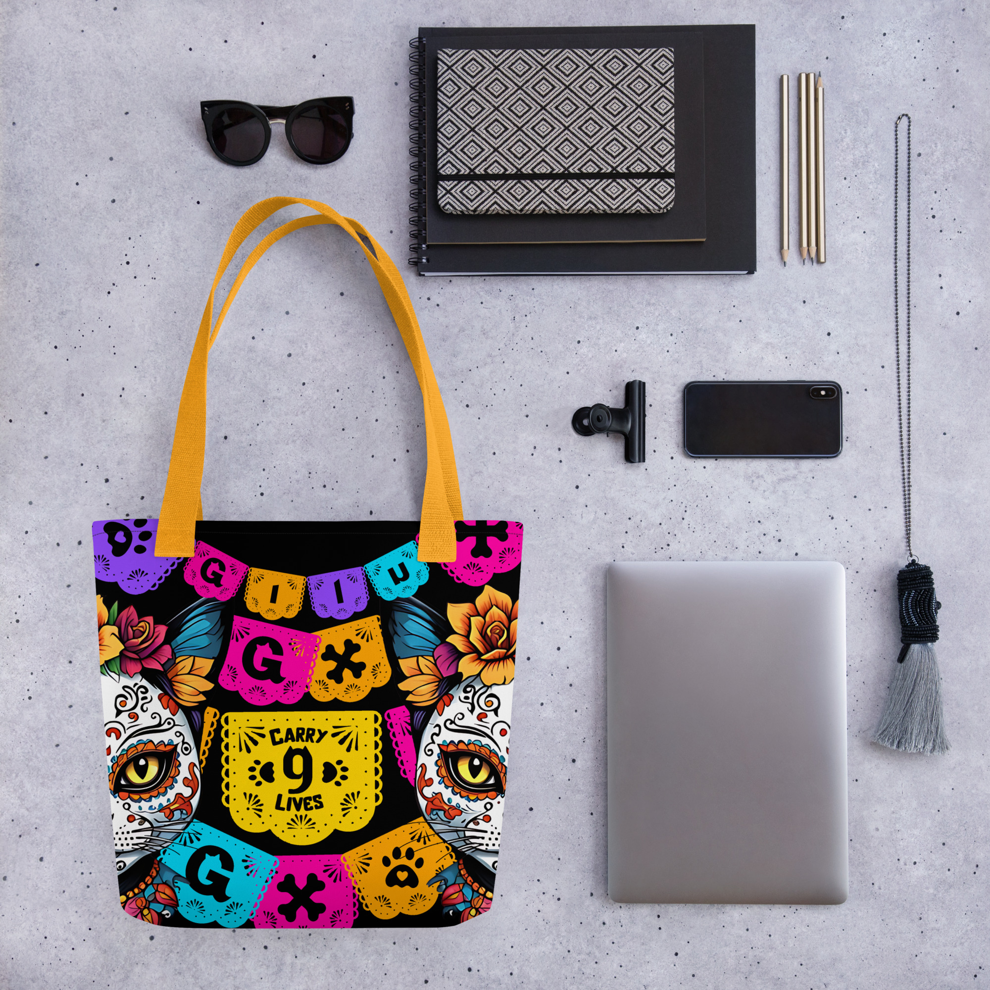 Carry 9 Lives Cat Tote Bag – Día de los Muertos All-Over Print - Image 3