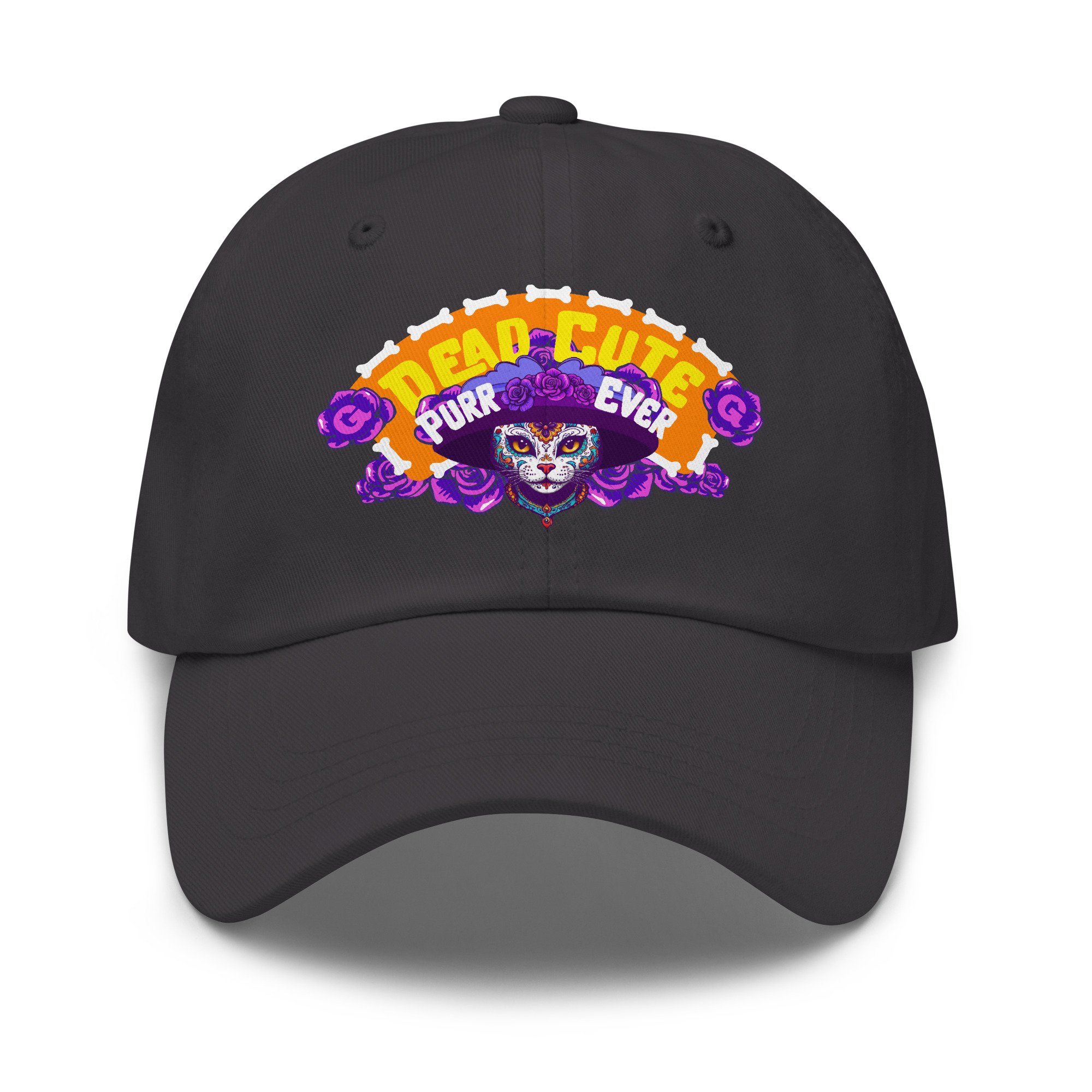 Dead Cute Cat Dad Hat – Día de los Muertos Printed Cap - Image 4