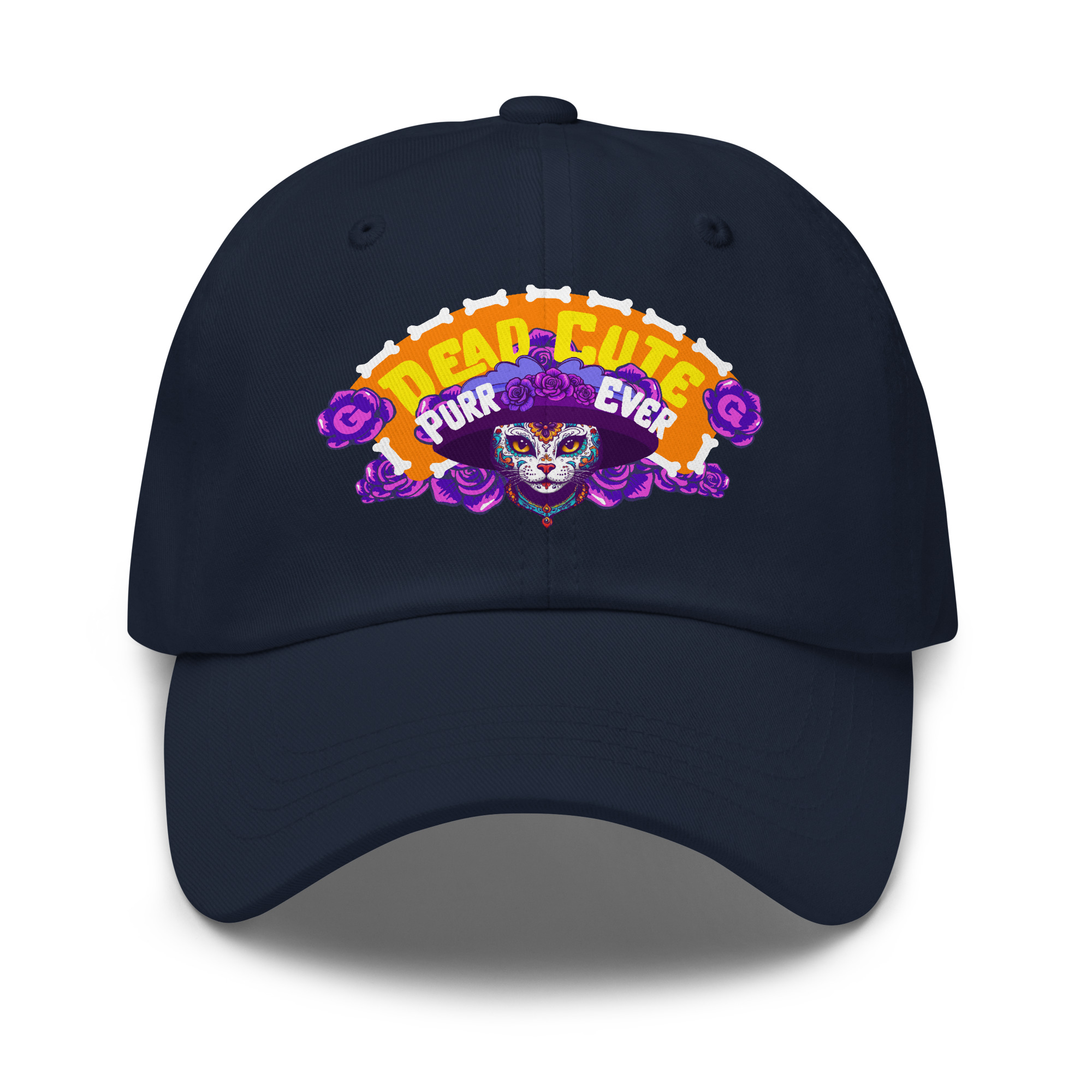 Dead Cute Cat Dad Hat – Día de los Muertos Printed Cap - Image 5