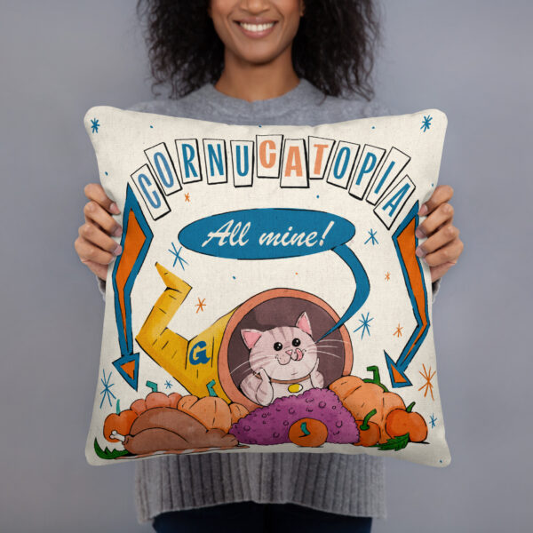 CornuCATopia “All Mine!” Cat Pillow – Funny Thanksgiving Décor - Image 2