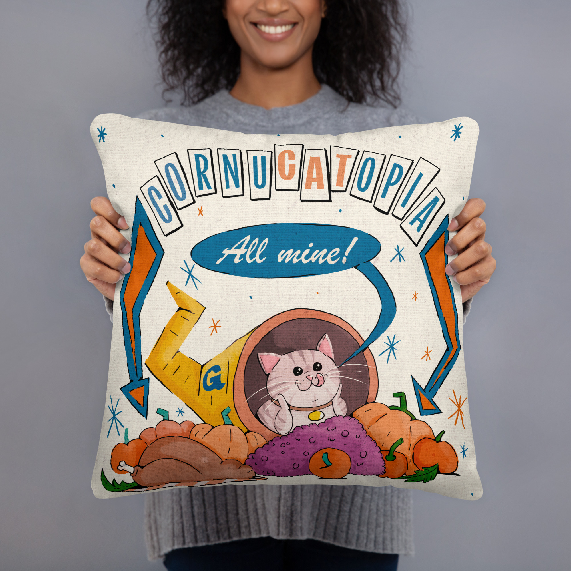 CornuCATopia “All Mine!” Cat Pillow – Funny Thanksgiving Décor - Image 2