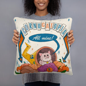 CornuCATopia “All Mine!” Cat Pillow – Funny Thanksgiving Décor