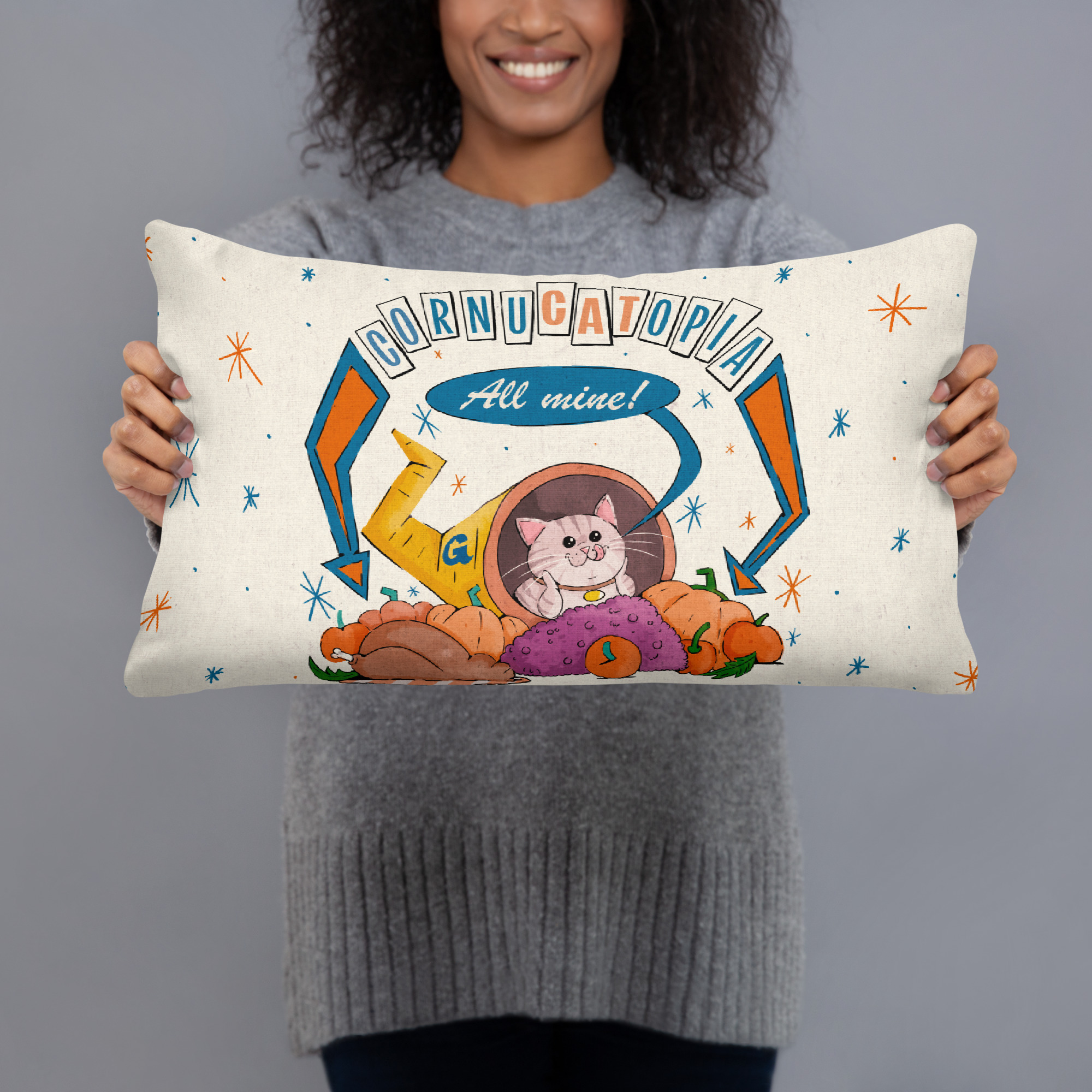 CornuCATopia “All Mine!” Cat Pillow – Funny Thanksgiving Décor - Image 3