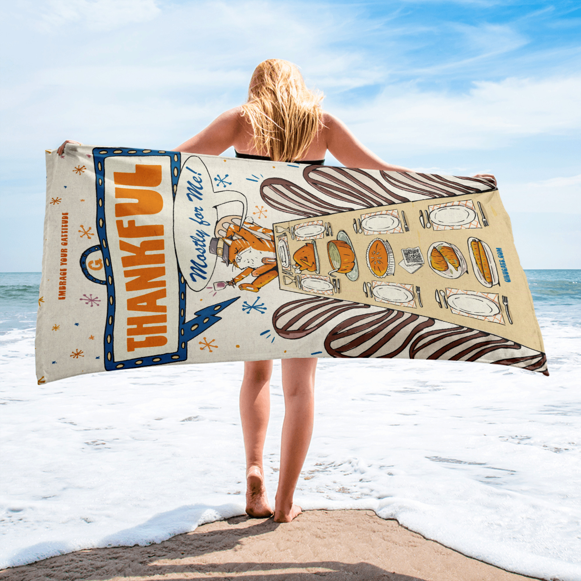 Thankful (Mostly for Me!) Cat Beach Towel – Funny Thanksgiving Design - Image 2