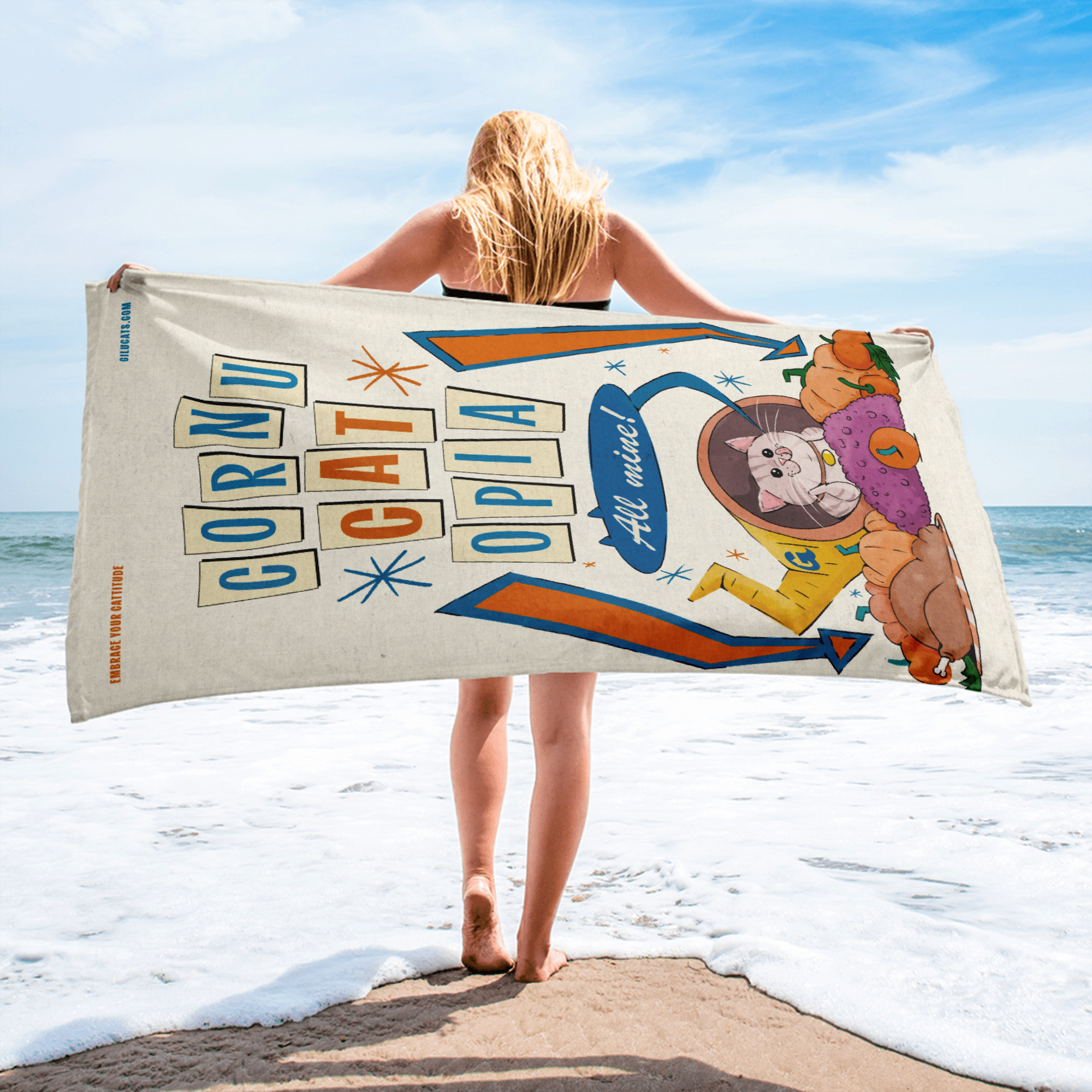 CornuCATopia “All Mine!” Cat Beach Towel – Premium Funny Cat Art - Image 2