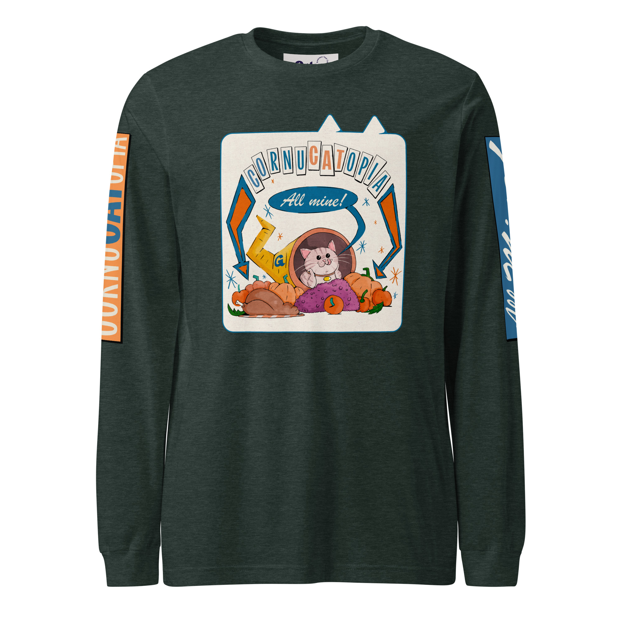 CornuCATopia “All Mine!” Cat Long Sleeve Tee – Funny Thanksgiving Shirt - Image 4
