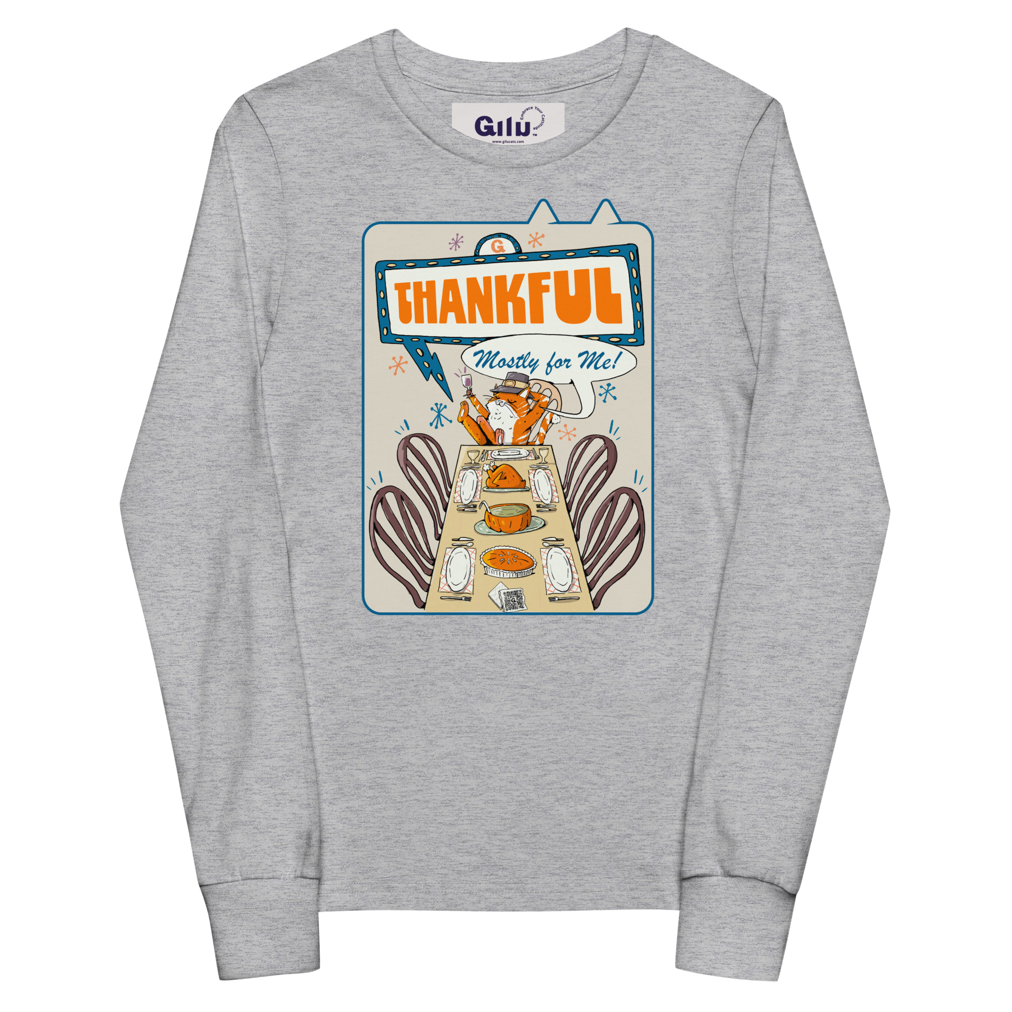 Thankful (Mostly for Me!) Youth Long Sleeve Tee – Cute Cat Fall Shirt - Image 3