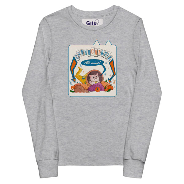 CornuCATopia “All Mine!” Youth Long Sleeve Tee – Funny Cat Thanksgiving Shirt