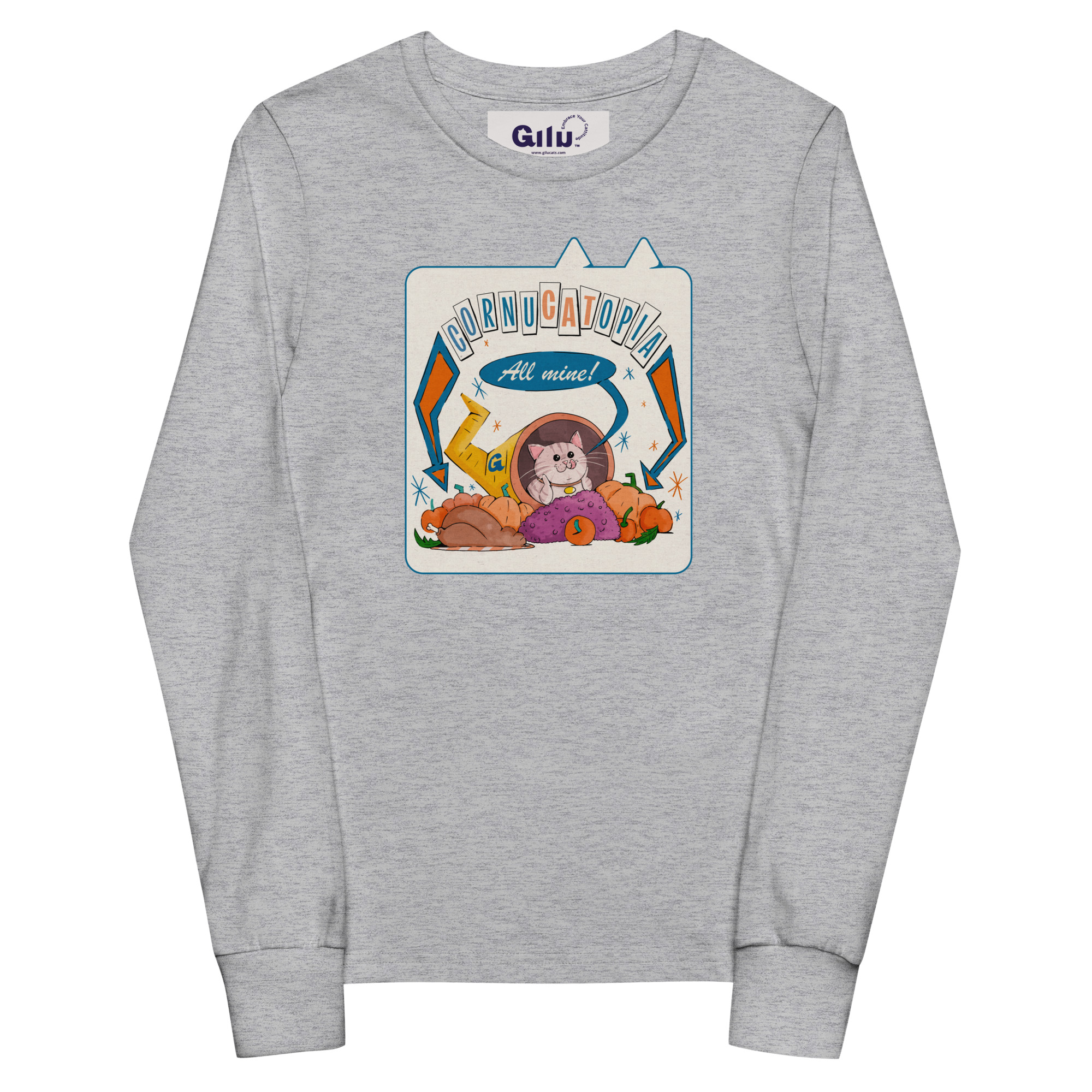 CornuCATopia “All Mine!” Youth Long Sleeve Tee – Funny Cat Thanksgiving Shirt