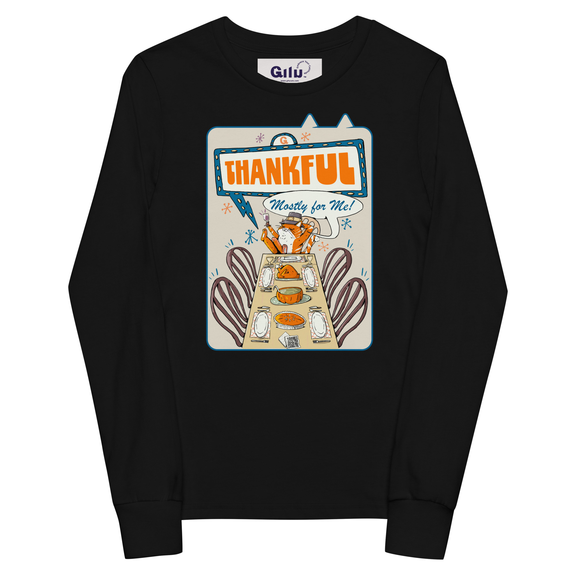 Thankful (Mostly for Me!) Youth Long Sleeve Tee – Cute Cat Fall Shirt - Image 2