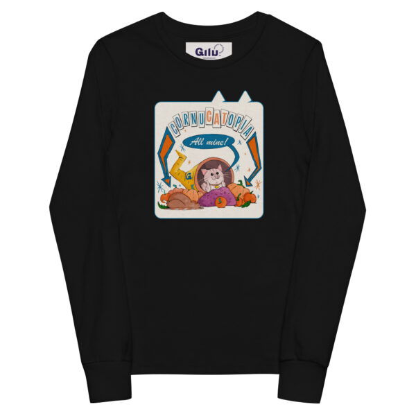 CornuCATopia “All Mine!” Youth Long Sleeve Tee – Funny Cat Thanksgiving Shirt - Image 2