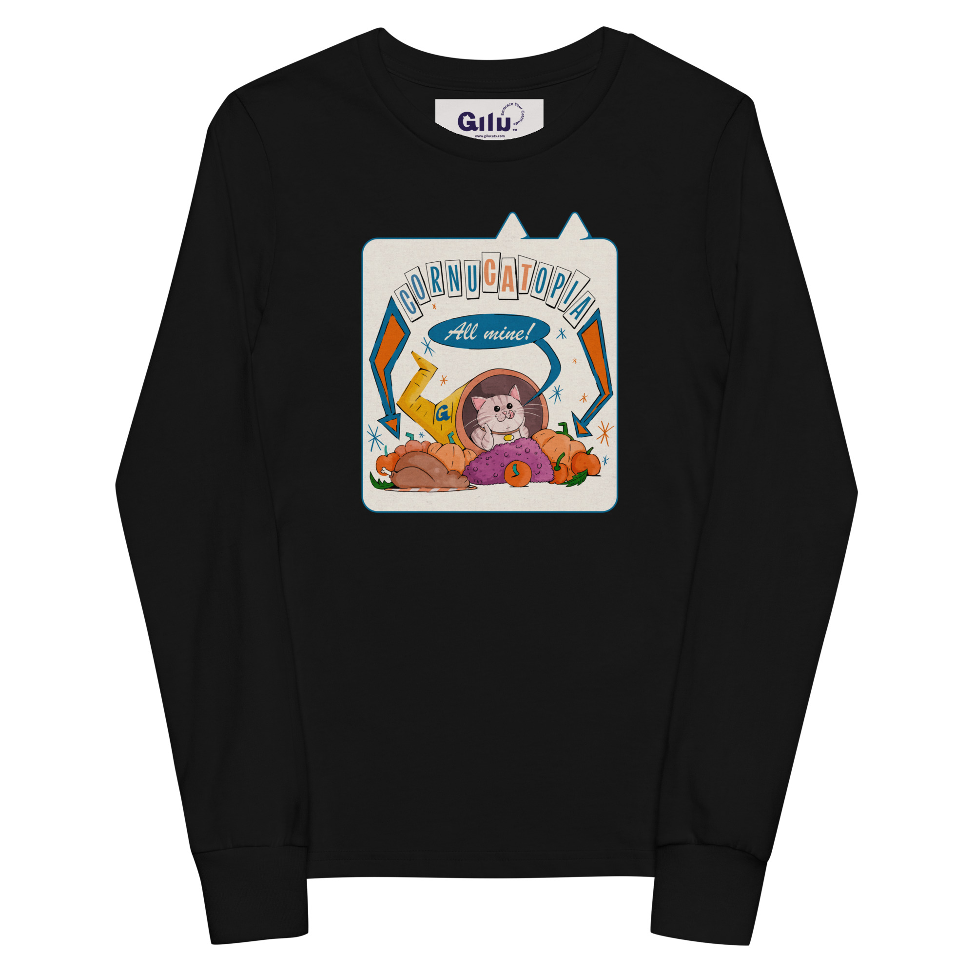 CornuCATopia “All Mine!” Youth Long Sleeve Tee – Funny Cat Thanksgiving Shirt - Image 2