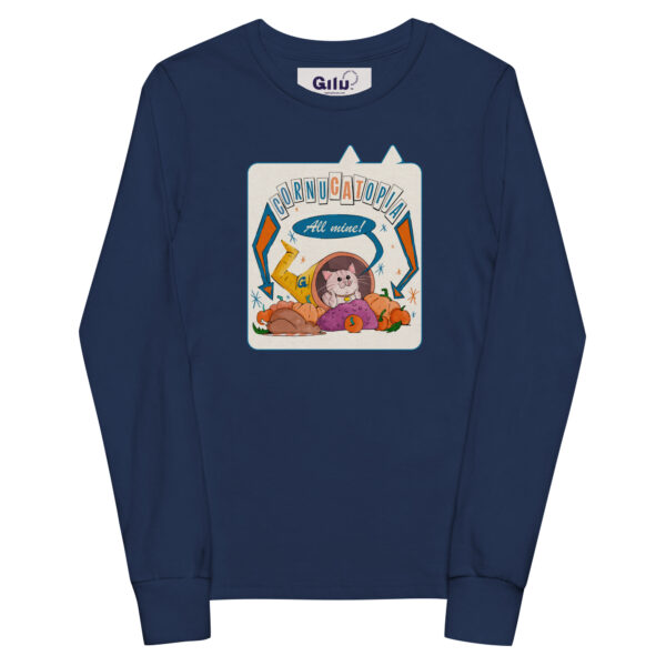 CornuCATopia “All Mine!” Youth Long Sleeve Tee – Funny Cat Thanksgiving Shirt - Image 3