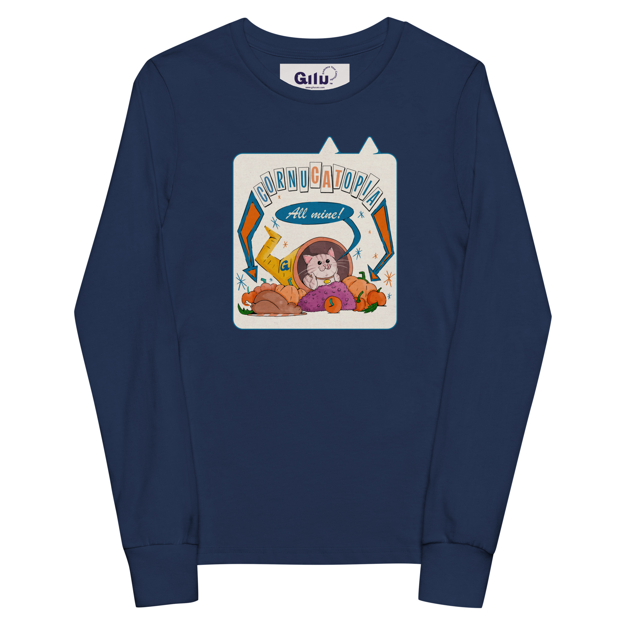 CornuCATopia “All Mine!” Youth Long Sleeve Tee – Funny Cat Thanksgiving Shirt - Image 3