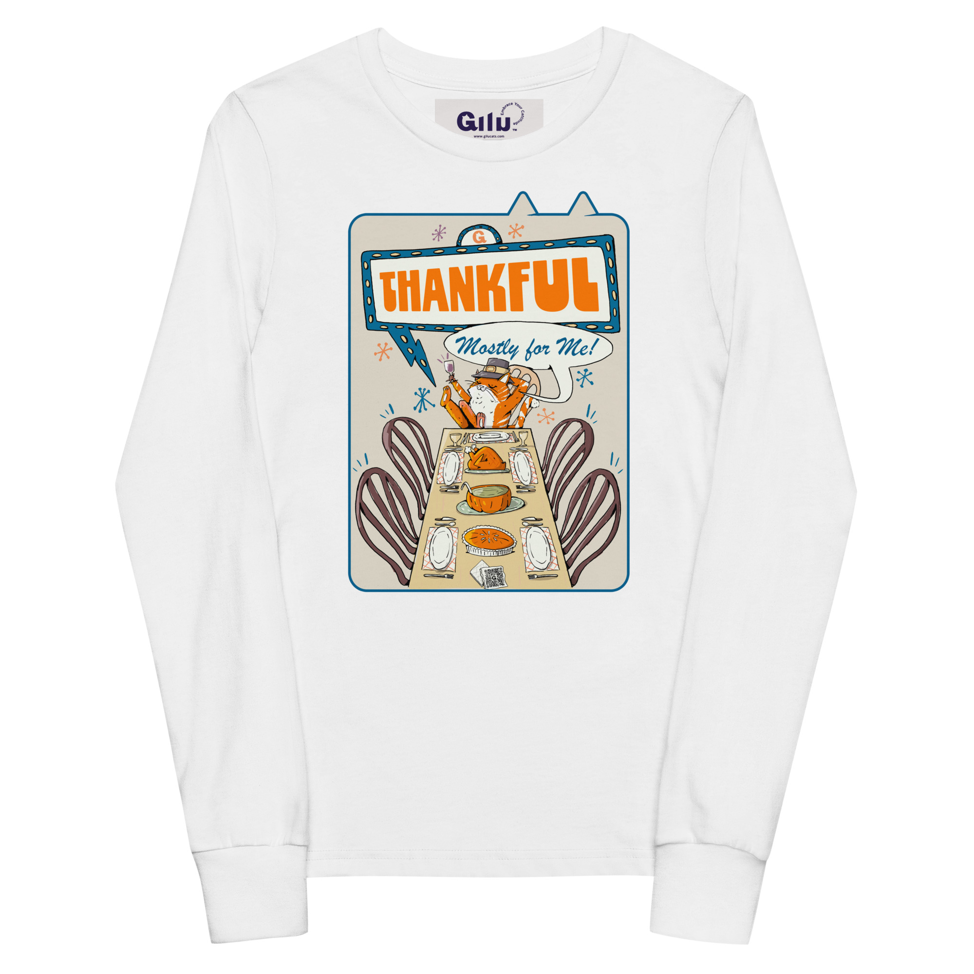 Thankful (Mostly for Me!) Youth Long Sleeve Tee – Cute Cat Fall Shirt - Image 4