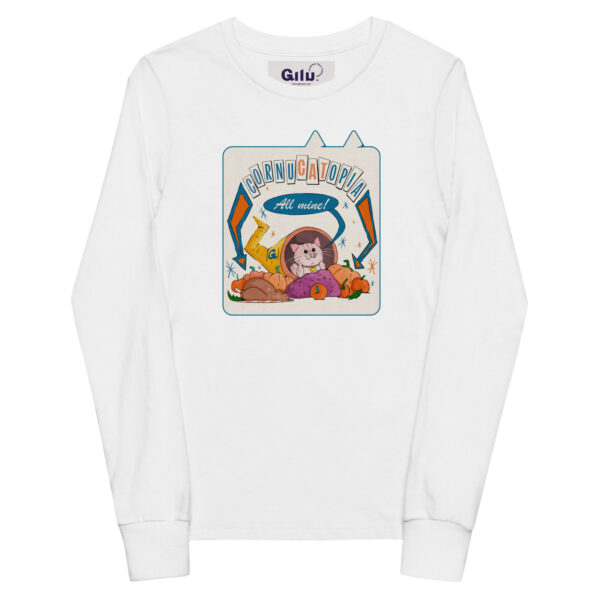 CornuCATopia “All Mine!” Youth Long Sleeve Tee – Funny Cat Thanksgiving Shirt - Image 4