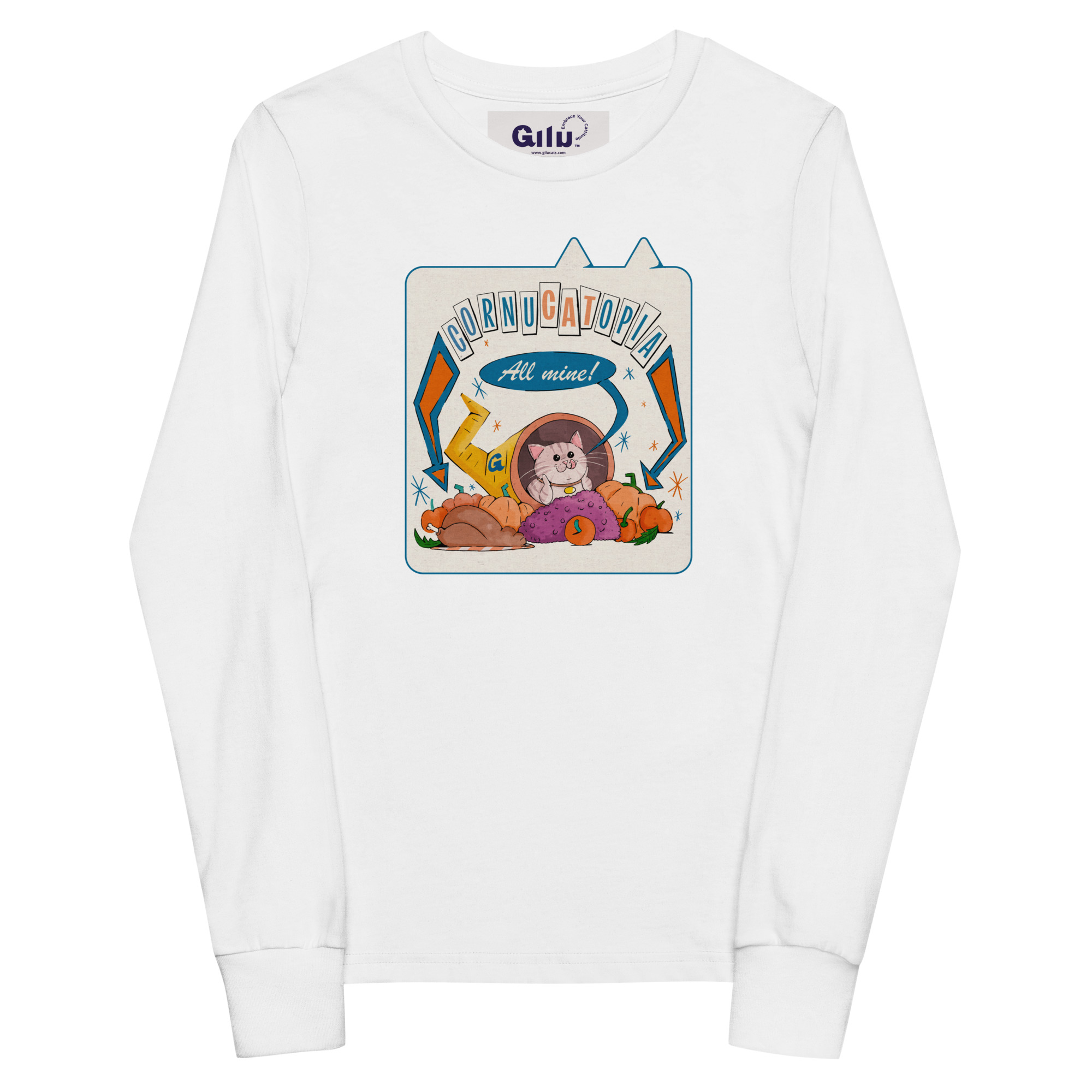 CornuCATopia “All Mine!” Youth Long Sleeve Tee – Funny Cat Thanksgiving Shirt - Image 4